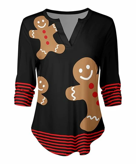 Lily | Black & Brown Gingerbread Curved-Hem Notch Neck Top - Women & Plus 1 Lily | Black & Brown Gingerbread Curved-Hem Notch Neck Top - Women & Plus