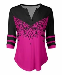 Lily | Black & Pink Floral Curved-Hem Notch Neck Top - Women