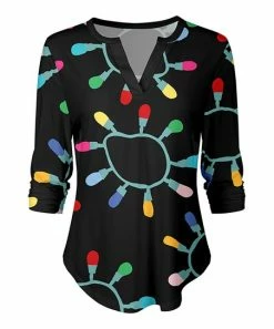 Lily | Black & Red String Lights Curved-Hem Notch Neck Top - Women