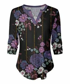 Lily | Black & Purple Floral Stripe Curved-Hem Notch Neck Top - Women & Plus