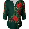 Lily | Green & Red Poinsettia Curved-Hem Notch Neck Top - Women