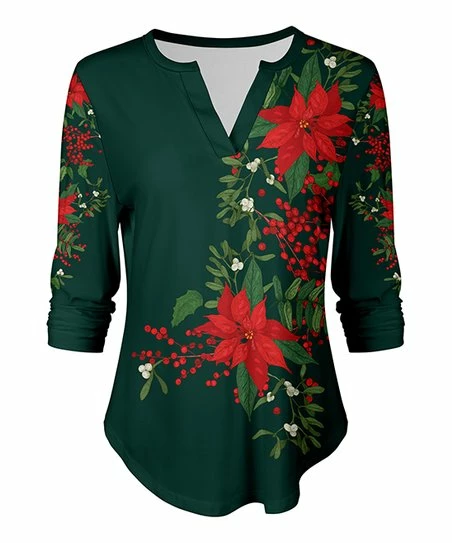 Lily | Green & Red Poinsettia Curved-Hem Notch Neck Top - Women 1 Lily | Green & Red Poinsettia Curved-Hem Notch Neck Top - Women
