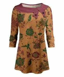 Lily | Rust & Green Floral Tab-Accent Boatneck Tunic - Plus