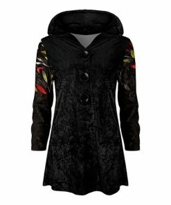 Lily | Black Multicolor Leaf Velvet Button-Up Hooded Cardigan - Plus