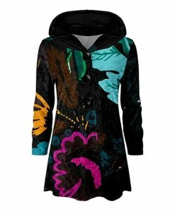 Lily | Black Multicolor Foliage Velvet Button-Up Hooded Cardigan - Plus