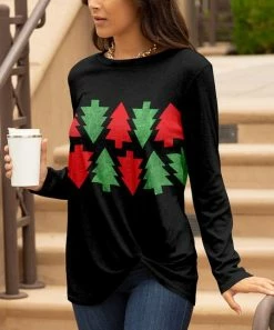 Lily | Black & Green Christmas Trees Twist-Hem Long-Sleeve Tunic - Plus