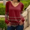 Lily | Red & Cream Geometric Border Long-Sleeve V-Neck Tunic - Women