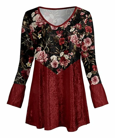 Lily | Black & Red Floral Velvet V-Neck Tunic - Plus 1 Lily | Black & Red Floral Velvet V-Neck Tunic - Plus