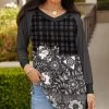 Lily | Black & Gray Plaid Floral V-Neck Raglan Tunic - Women