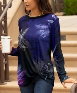 Lily | Purple & Black Dragonfly Twist-Hem Long-Sleeve Top - Women