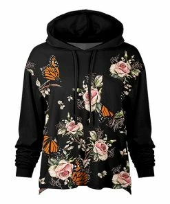 Lily | Black & Pink Floral Butterflies Pocket Hoodie - Women