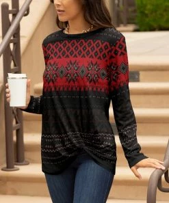 Lily | Black & Red Geometric Knot-Front Long-Sleeve Tunic - Plus