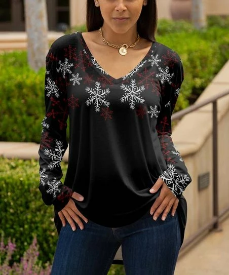 Lily | Black & Red Snowflake Long-Sleeve V-Neck Tunic - Plus 1 Lily | Black & Red Snowflake Long-Sleeve V-Neck Tunic - Plus