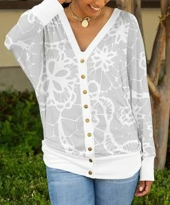 Lily | White & Gray Floral V-Neck Cardigan - Plus