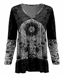 Lily | Black & Gray Floral Velvet V-Neck Long-Sleeve Tunic - Plus