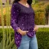 Lily | Purple Glitter-Print V-Neck Three-Quarter Sleeve Tunic - Women