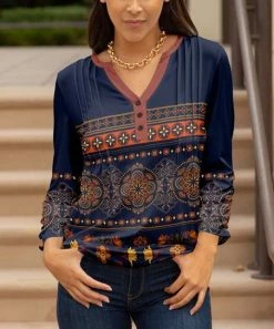 Lily | Navy & Orange Geometric Pleated Button-Accent Notch Neck Tunic - Women & Plus