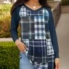 Lily | Navy & White Plaid Patchwork-Accent V-Neck Tunic - Plus