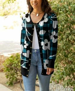 Lily | Blue & Black Floral Plaid Snap-Button Cardigan - Plus