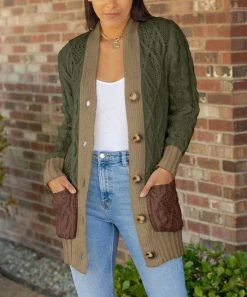 Lily | Army Green & Mica Contrast-Trim Cable-Knit Pocket Cardigan - Women & Plus