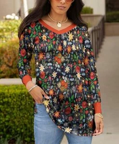 Lily | Black & Orange Floral Plaid-Accent V-Neck Tunic - Women