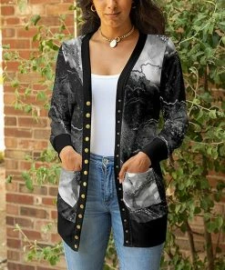 Lily | Black & Gray Marble Pocket Cardigan - Women