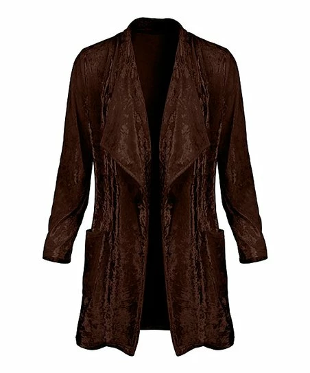 Lily | Dark Brown Velvet Shawl-Collar Open Cardigan - Plus 1 Lily | Dark Brown Velvet Shawl-Collar Open Cardigan - Plus