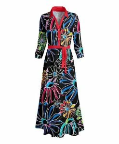 Lily | Black & Coral Floral Button-Front Belted Maxi Dress - Women