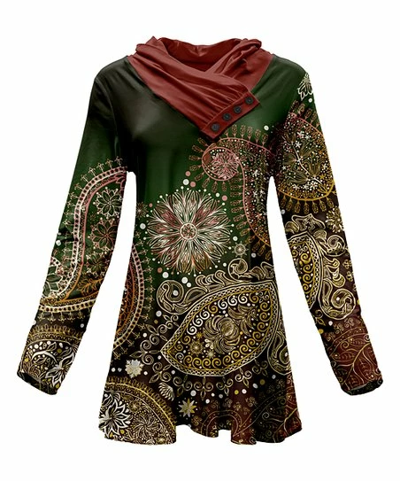 Lily | Green & Brown Paisley Button-Accent Cowl Neck Tunic - Plus 1 Lily | Green & Brown Paisley Button-Accent Cowl Neck Tunic - Plus