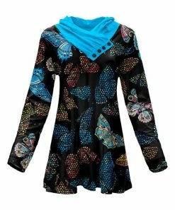 Lily | Black & Blue Butterfly Button-Accent Cowl Neck Tunic - Plus