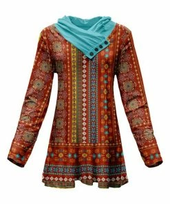 Lily | Rust & Turquoise Geometric Button-Accent Cowl Neck Tunic - Plus