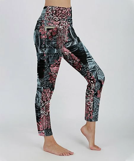 Lily | Blue & Red Abstract Floral Patchwork Pocket Leggings - Women 1 Lily | Blue & Red Abstract Floral Patchwork Pocket Leggings - Women