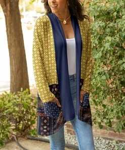 Lily | Yellow & Blue Lattice Pocket Open Cardigan - Women