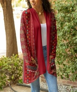 Lily | Red Arabesque Pocket Open Cardigan - Women & Plus