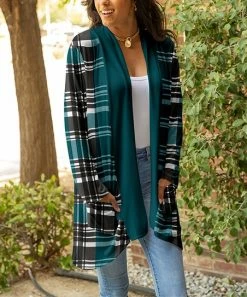 Lily | Teal & Black Plaid Pocket Open Cardigan - Plus