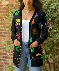 Lily | Black Multicolor Paw Print Pocket Snap-Up Cardigan - Women & Plus