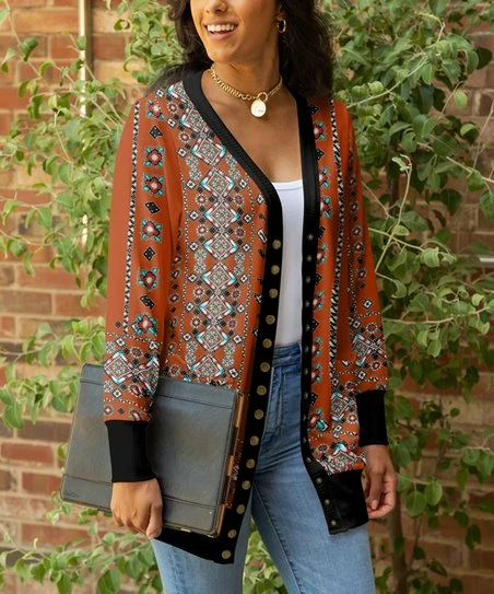 Lily | Rust & Turquoise Geometric Snap-Up Cardigan - Plus 1 Lily | Rust & Turquoise Geometric Snap-Up Cardigan - Plus