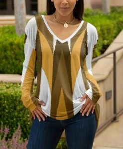 Lily | Tan & White Abstract Long-Sleeve V-Neck Tunic - Plus