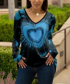 Lily | Black & Blue Tie-Dye Heart Long-Sleeve V-Neck Tunic - Plus