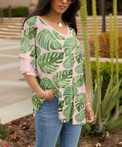 Lily | Coral & Green Leaf Layered-Sleeve Tunic - Plus