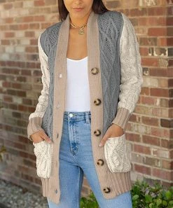 Lily | Cream & Gray Cable Knit Pocket Button-Up Cardigan - Women & Plus