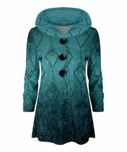 Lily | Turquoise & Teal Geometric Button-Accent Velvet Hoodie - Women