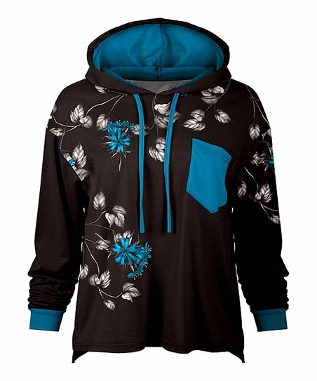 Lily | Black & Blue Floral Pocket Hi-Low Hoodie - Women 1 Lily | Black & Blue Floral Pocket Hi-Low Hoodie - Women