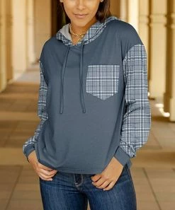 Lily | Slate Blue & White Plaid Chest Pocket Hoodie - Plus