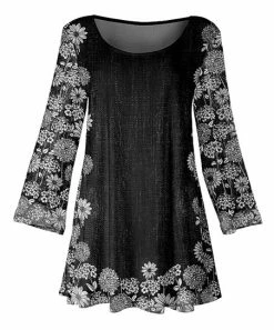 Lily | Black & White Floral Scoop Neck Tunic - Plus