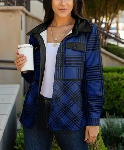 Lily | Black & Navy Plaid Pocket Plush-Lined Shacket - Women