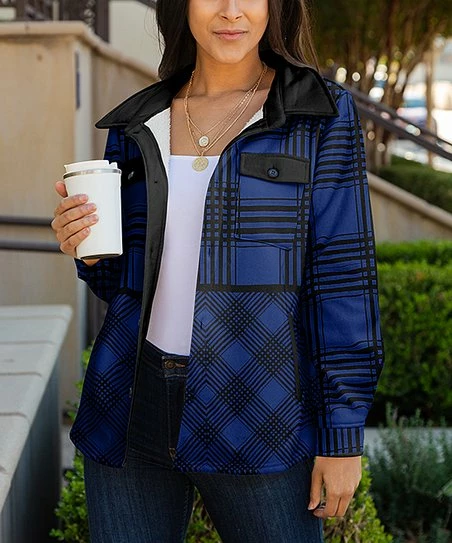 Lily | Black & Navy Plaid Pocket Plush-Lined Shacket - Women 1 Lily | Black & Navy Plaid Pocket Plush-Lined Shacket - Women