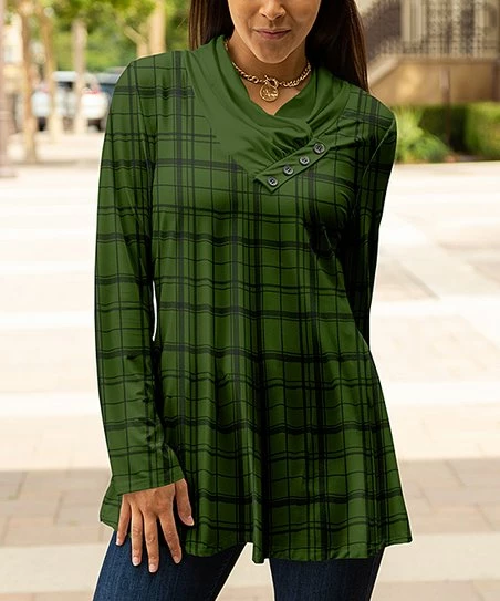 Lily | Black & Olive Plaid Button-Accent Shawl-Collar Tunic - Plus 1 Lily | Black & Olive Plaid Button-Accent Shawl-Collar Tunic - Plus