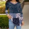 Lily | Navy Taupe Paisley Patchwork Long-Sleeve V-Neck Tunic - Women