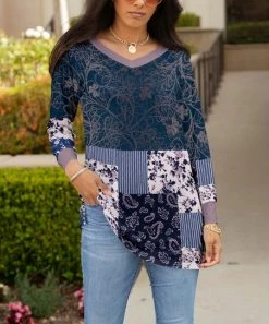 Lily | Navy Taupe Paisley Patchwork Long-Sleeve V-Neck Tunic - Women